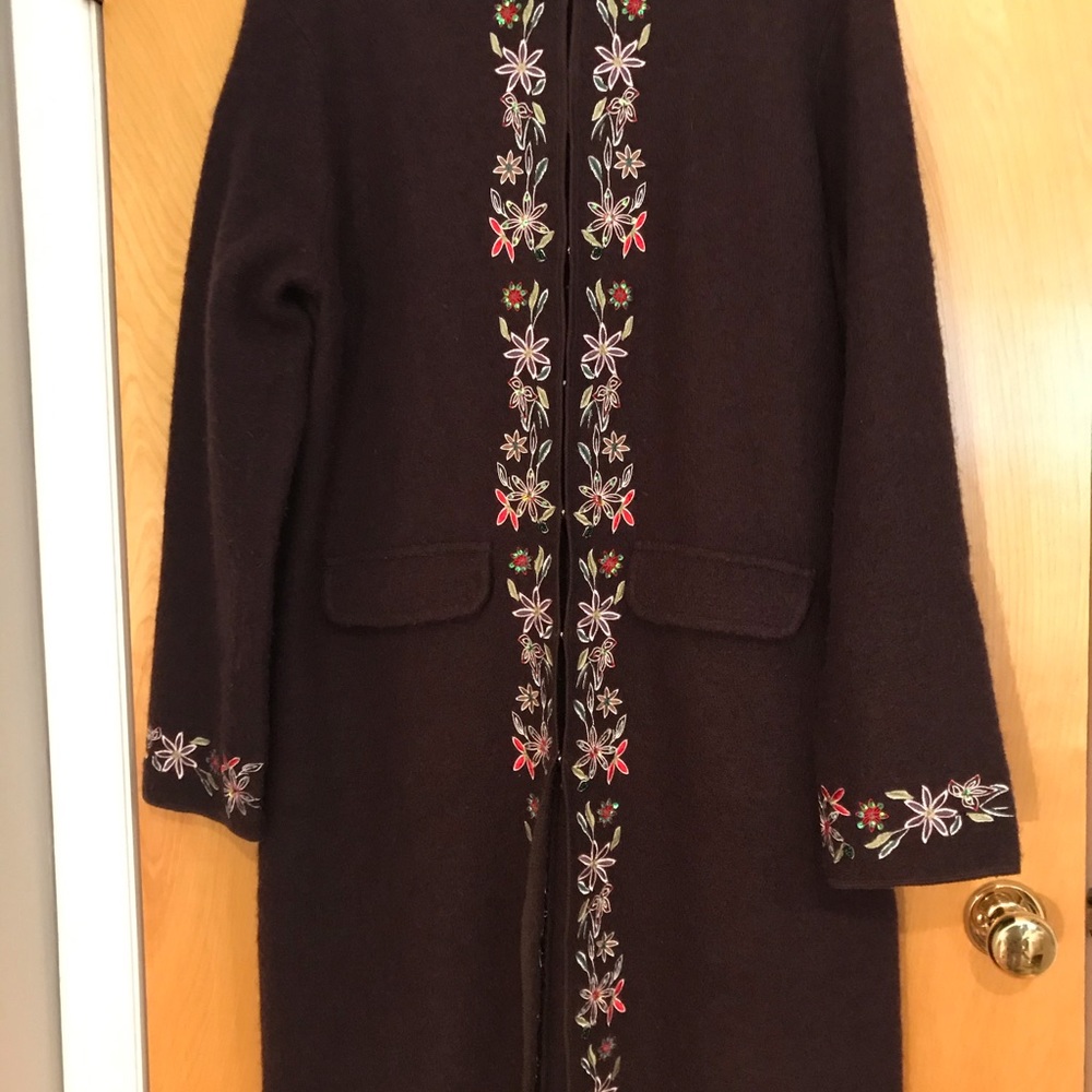 Plum colored, boiled wool duster with embroidery
